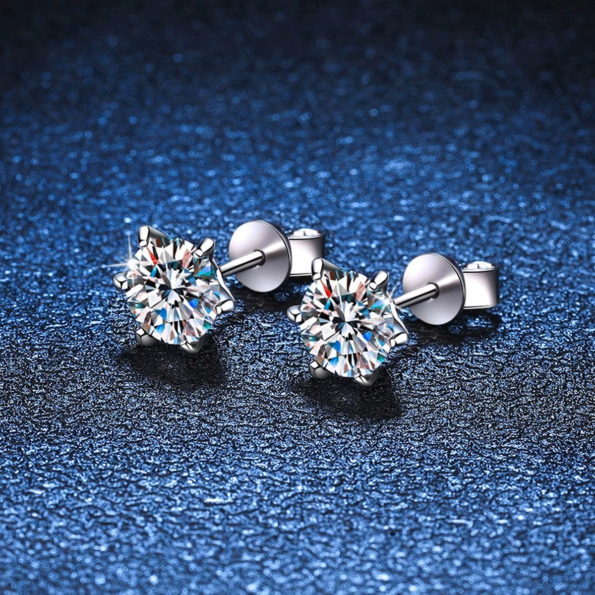 Floral Cluster Moissanite Stud Earrings in White Gold-Plated S925 Silver blue scene close-up view