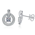 Round Halo Moissanite Drop Stud Earrings with CZ in White Gold-Plated S925 on clean white background showing round halo drops attached to a slim stud profile