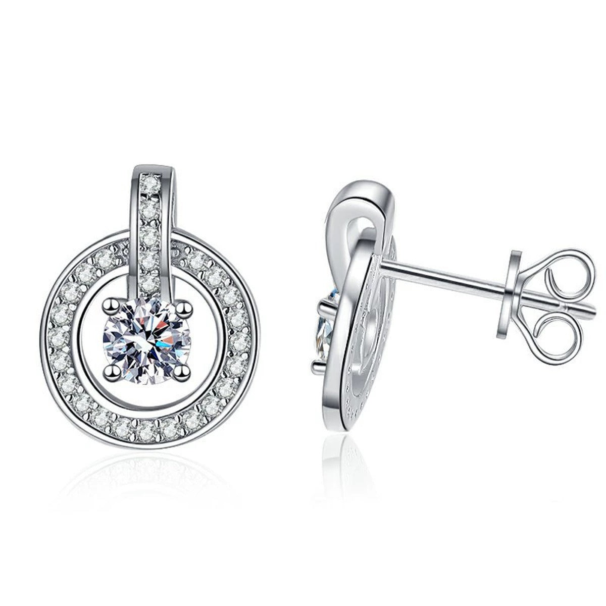 Round Halo Moissanite Drop Stud Earrings with CZ in White Gold-Plated S925 on clean white background showing round halo drops attached to a slim stud profile