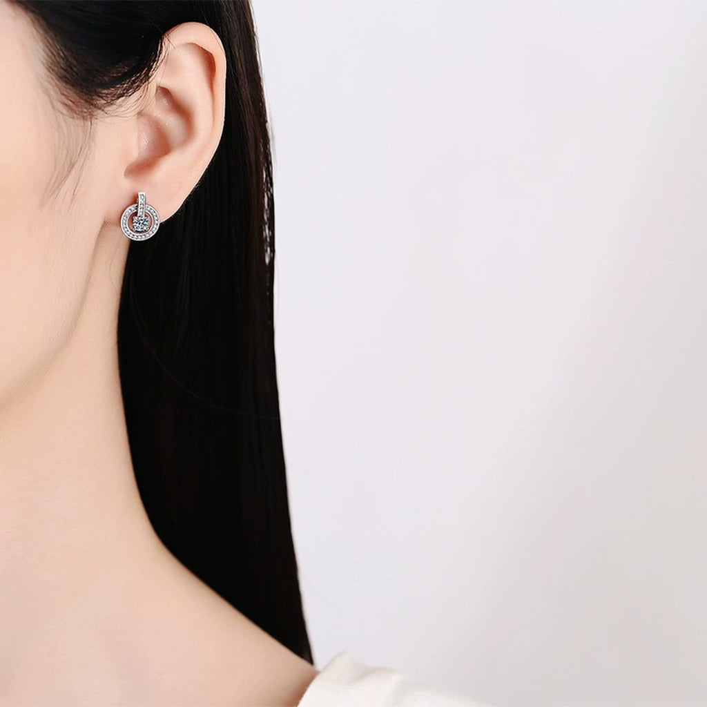 Round Halo Moissanite Drop Stud Earrings with CZ in White Gold-Plated S925 worn on ear by model