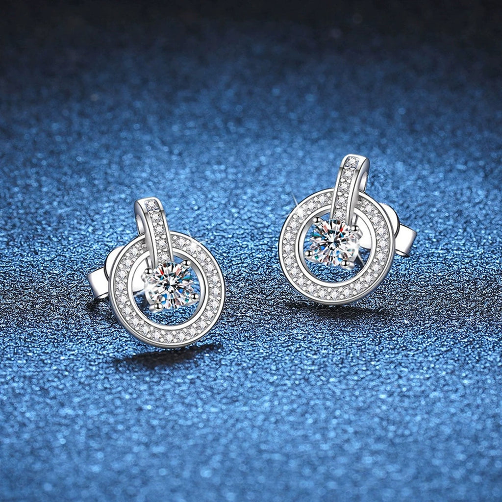 Round Halo Moissanite Drop Stud Earrings with CZ in White Gold-Plated S925 blue scene product view