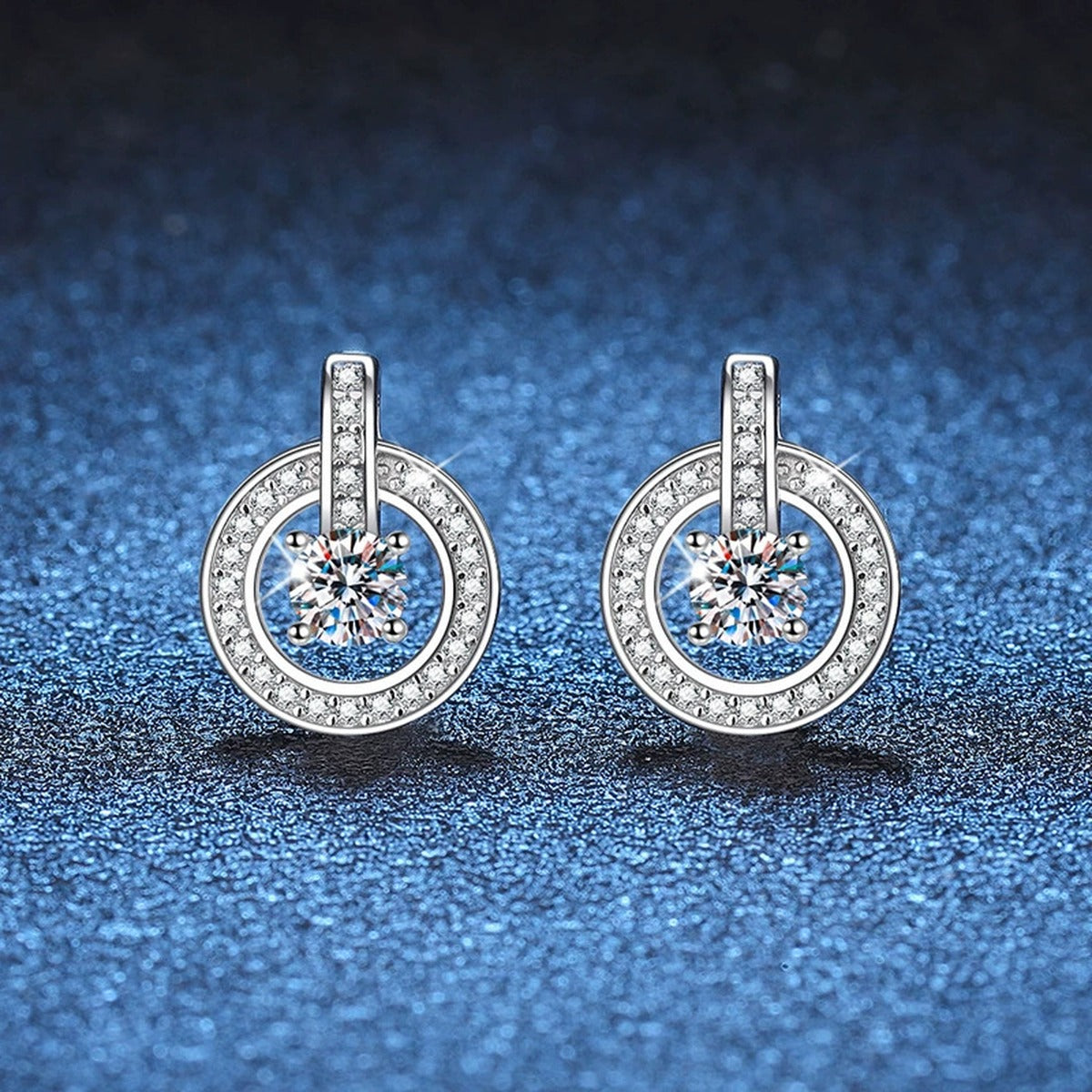 Round Halo Moissanite Drop Stud Earrings with CZ in White Gold-Plated S925 blue scene angled view