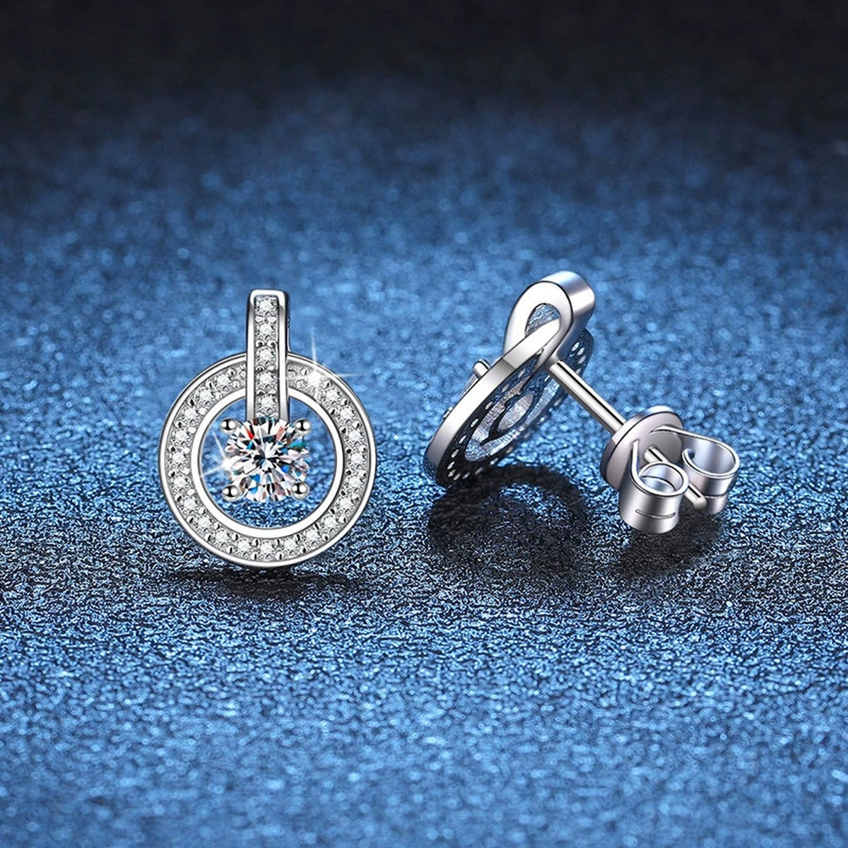 Round Halo Moissanite Drop Stud Earrings with CZ in White Gold-Plated S925 blue scene close-up view