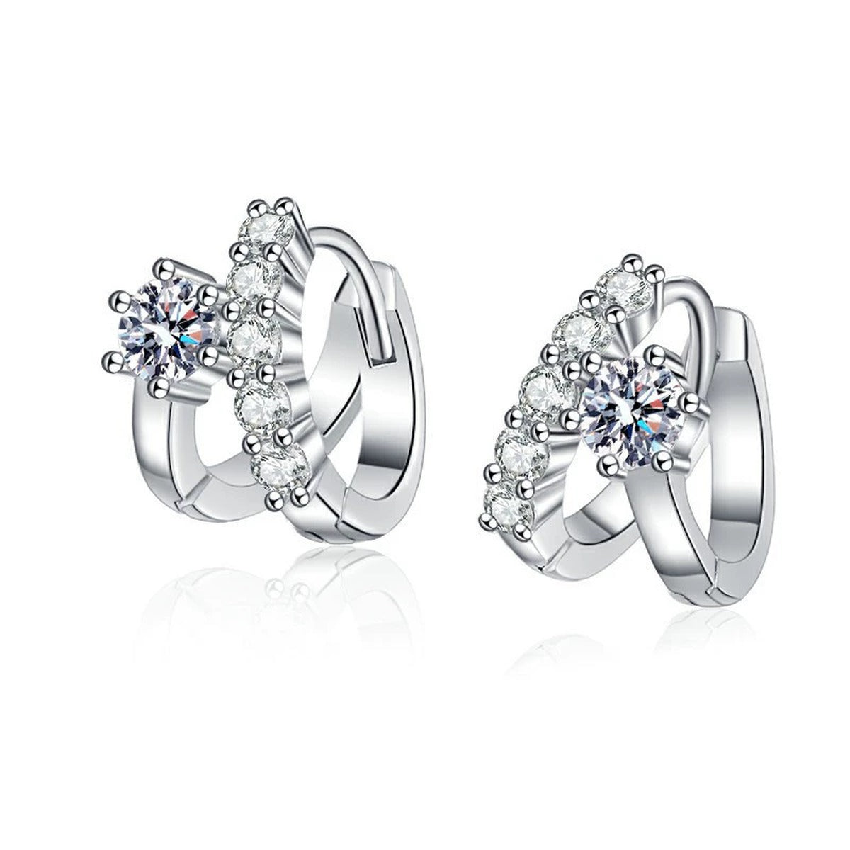 Floral Moissanite Hoop Earrings with CZ in White Gold-Plated S925 on clean white background showing small floral moissanite clusters set on polished huggie hoops
