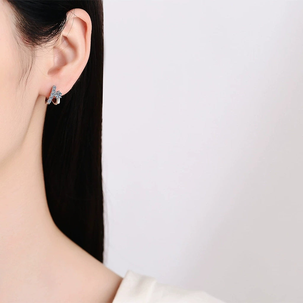Floral Moissanite Hoop Earrings with CZ in White Gold-Plated S925 worn on ear by model