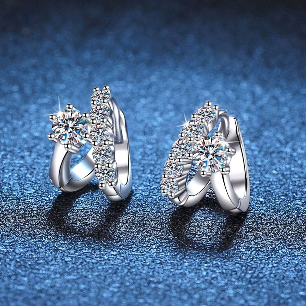 Floral Moissanite Hoop Earrings with CZ in White Gold-Plated S925 blue scene angled view