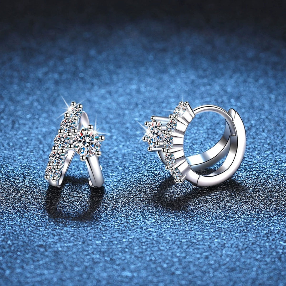 Floral Moissanite Hoop Earrings with CZ in White Gold-Plated S925 blue scene close-up view