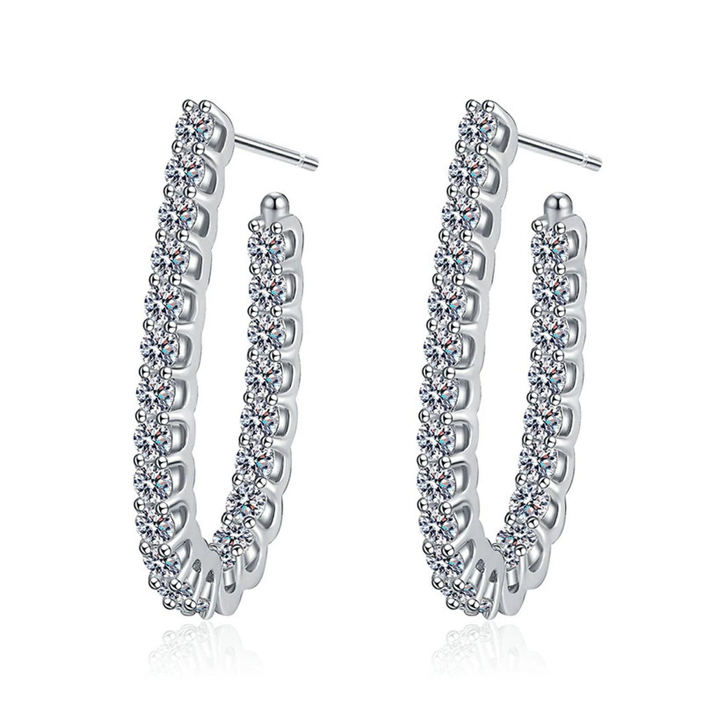 Pave Moissanite Hoop Earrings in White Gold-Plated S925 Sterling Silver on clean white background showing slim vertical hoops with a continuous pave moissanite row