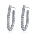 Pave Moissanite Hoop Earrings in White Gold-Plated S925 Sterling Silver on clean white background showing slim vertical hoops with a continuous pave moissanite row