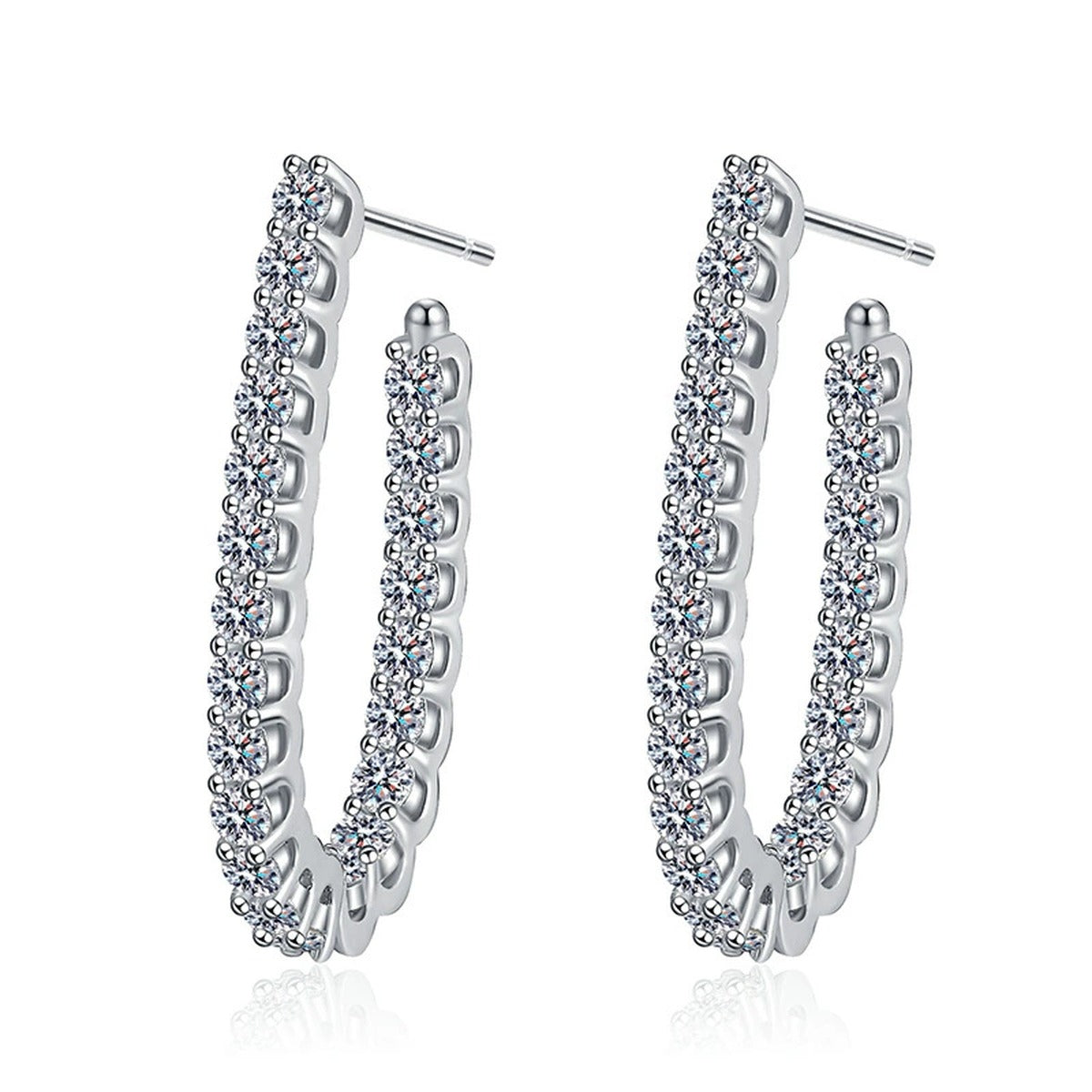 Pave Moissanite Hoop Earrings in White Gold-Plated S925 Sterling Silver on clean white background showing slim vertical hoops with a continuous pave moissanite row