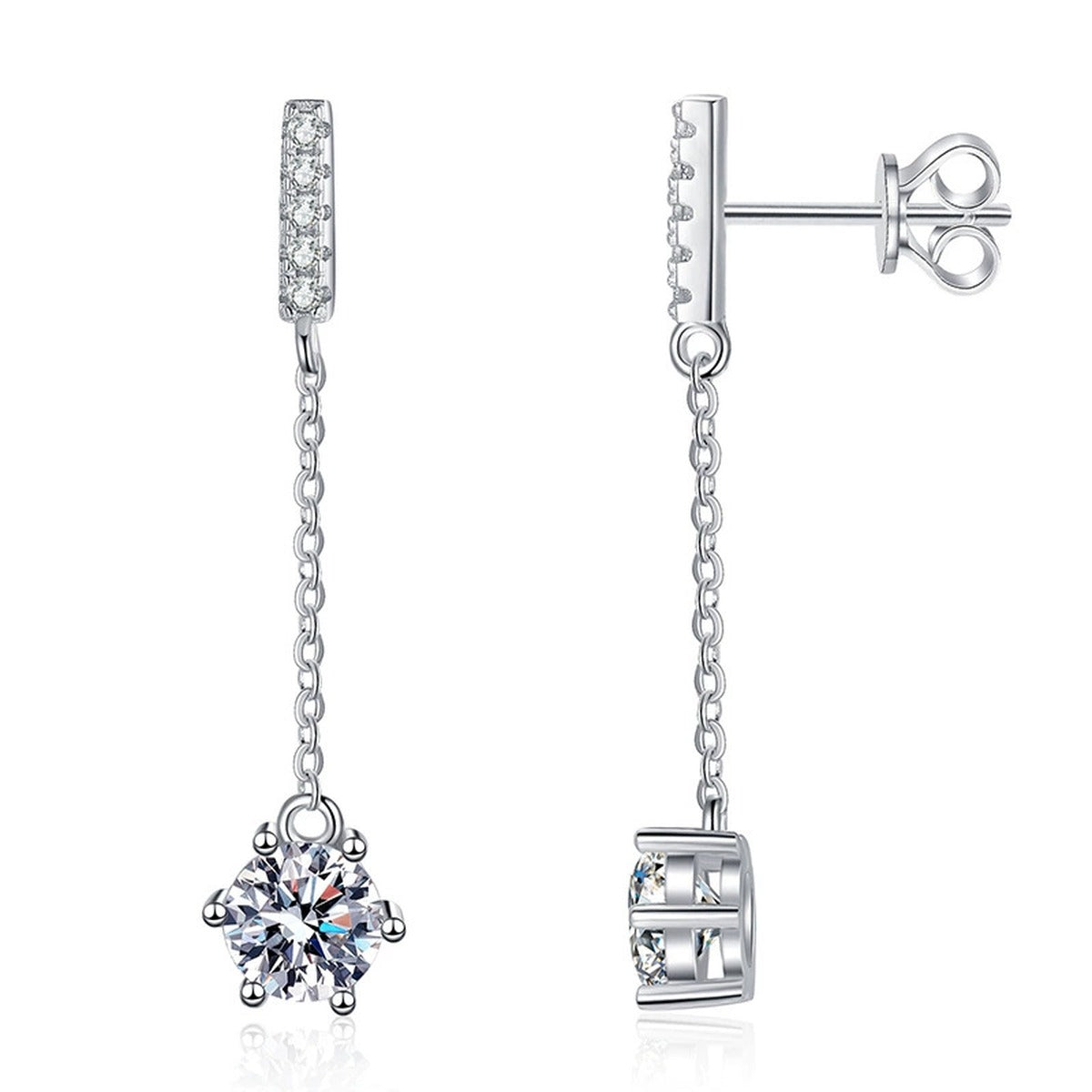 Linear Moissanite Drop Earrings with CZ in White Gold-Plated S925 on clean white background showing asymmetric linear drops with a round moissanite at the end