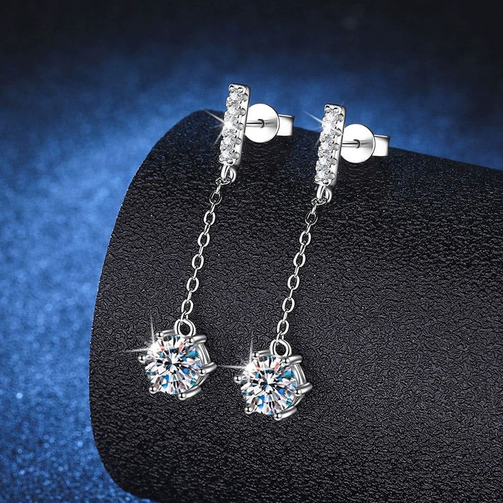 Linear Moissanite Drop Earrings with CZ in White Gold-Plated S925 blue scene product view
