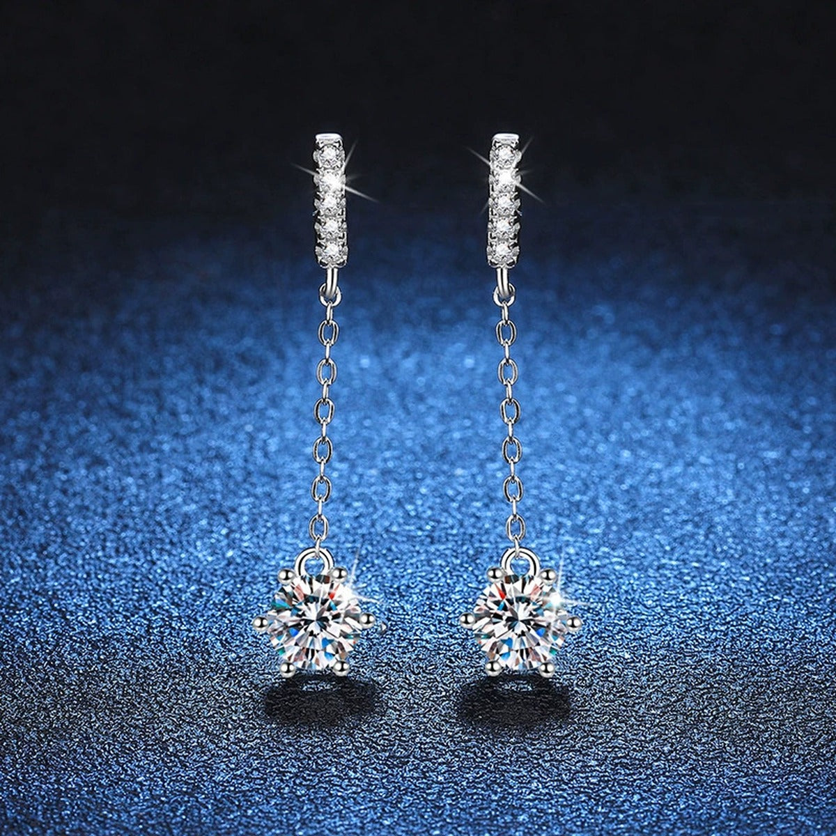 Linear Moissanite Drop Earrings with CZ in White Gold-Plated S925 blue scene angled view