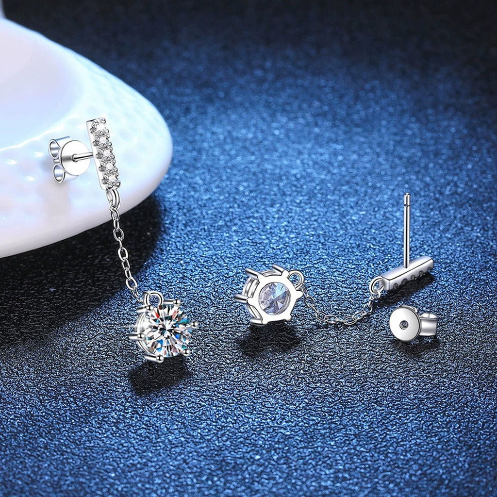 Linear Moissanite Drop Earrings with CZ in White Gold-Plated S925 blue scene close-up view