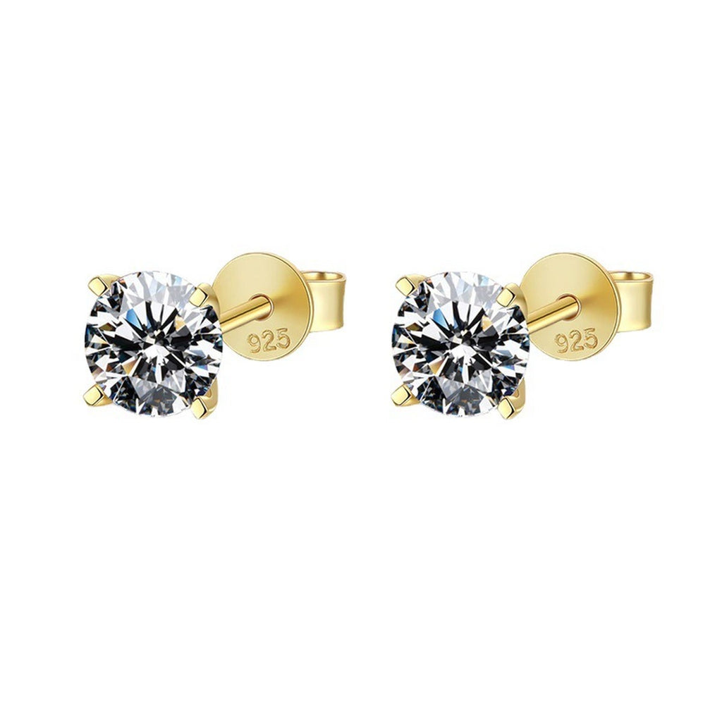 Round Moissanite Stud Earrings in Yellow Gold-Plated S925 Sterling Silver on clean white background showing classic round solitaire studs in a warm yellow gold finish
