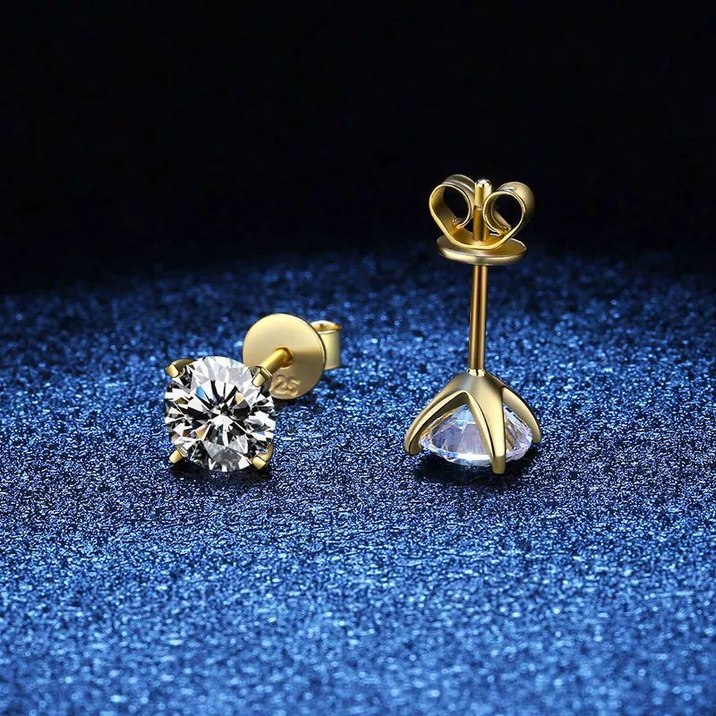 Round Moissanite Stud Earrings in Yellow Gold-Plated S925 Sterling Silver blue scene product view