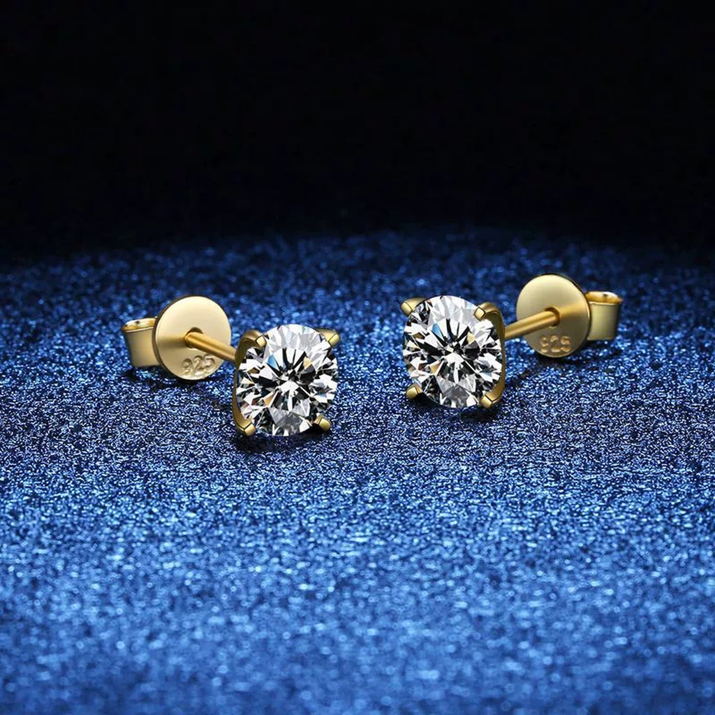 Round Moissanite Stud Earrings in Yellow Gold-Plated S925 Sterling Silver blue scene angled view
