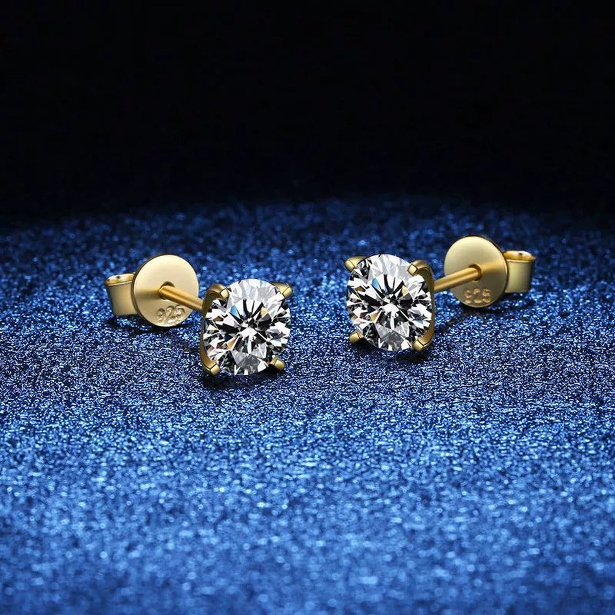 Round Moissanite Stud Earrings in Yellow Gold-Plated S925 Sterling Silver blue scene angled view