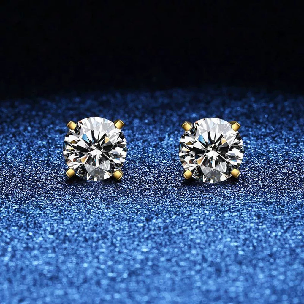 Round Moissanite Stud Earrings in Yellow Gold-Plated S925 Sterling Silver blue scene close-up view