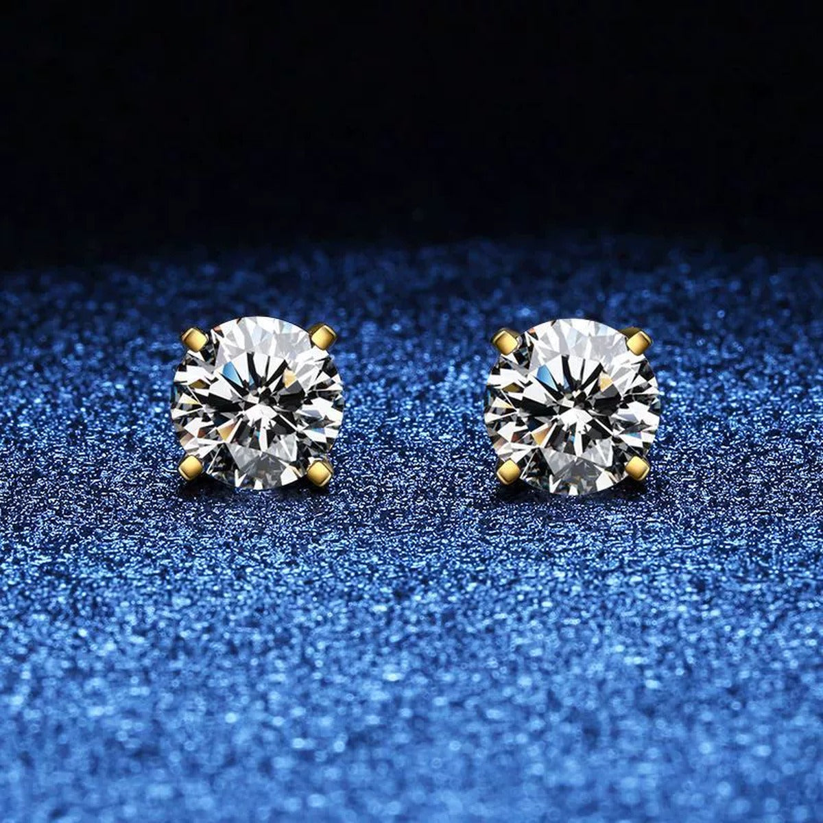 Round Moissanite Stud Earrings in Yellow Gold-Plated S925 Sterling Silver blue scene close-up view