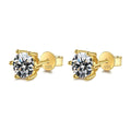 Round Moissanite Stud Earrings in Yellow Gold-Plated S925 Sterling Silver on clean white background showing warm yellow gold solitaire studs across petite and bold sizes