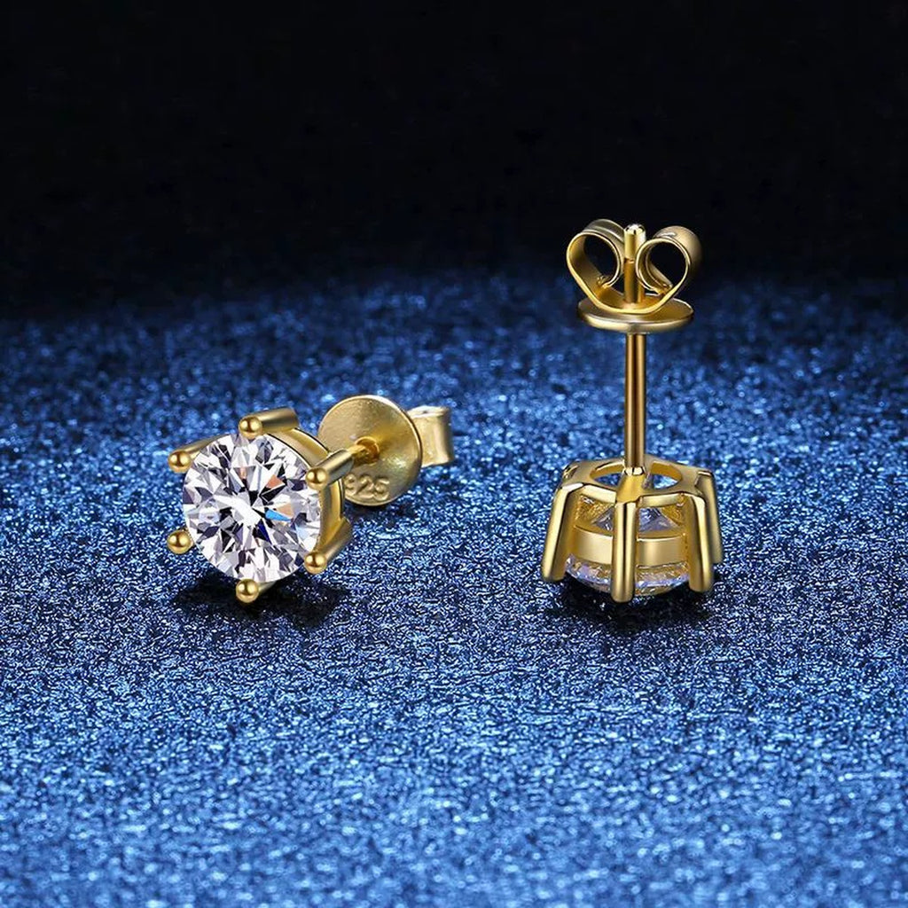 Round Moissanite Stud Earrings in Yellow Gold-Plated S925 Sterling Silver blue scene angled view