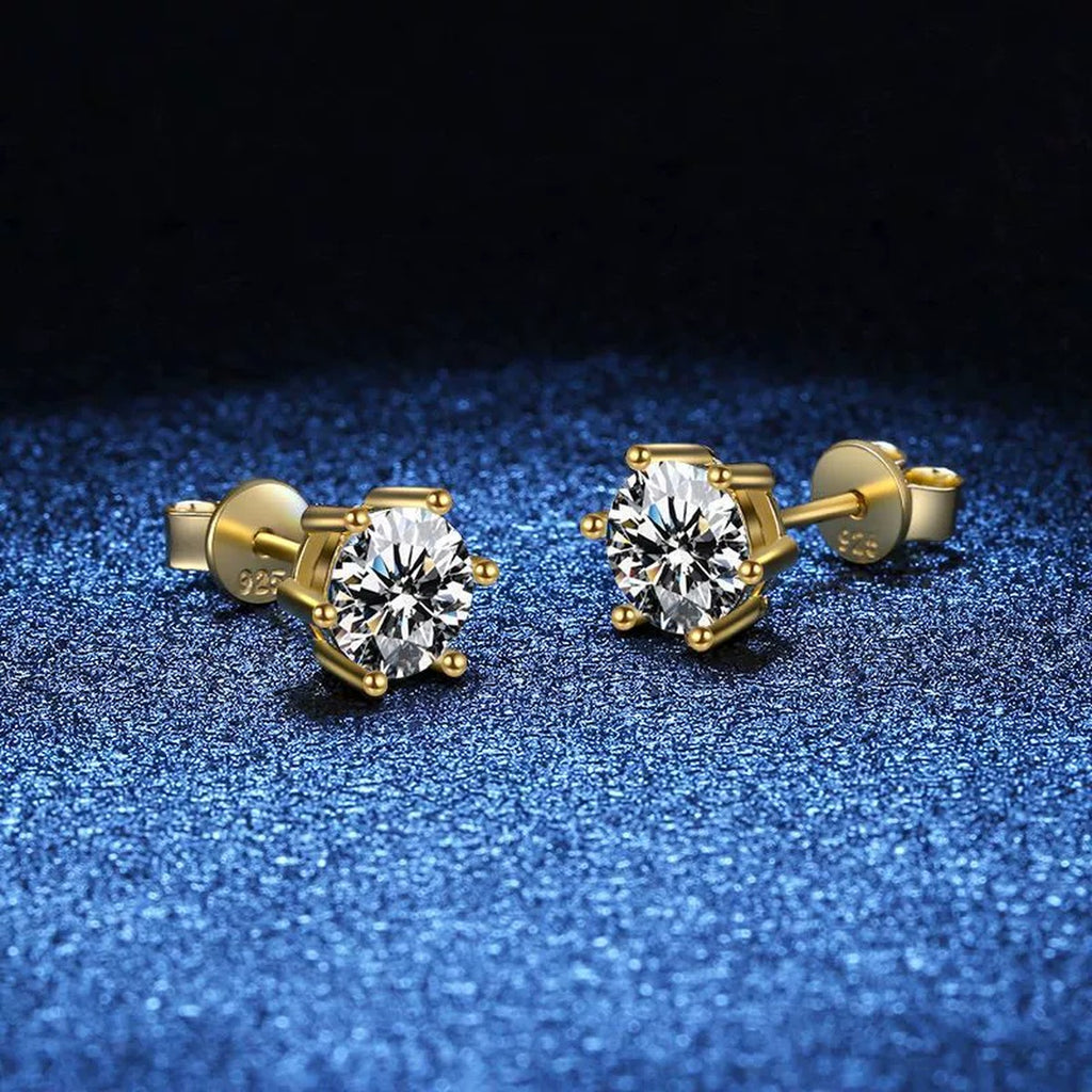 Round Moissanite Stud Earrings in Yellow Gold-Plated S925 Sterling Silver blue scene close-up view
