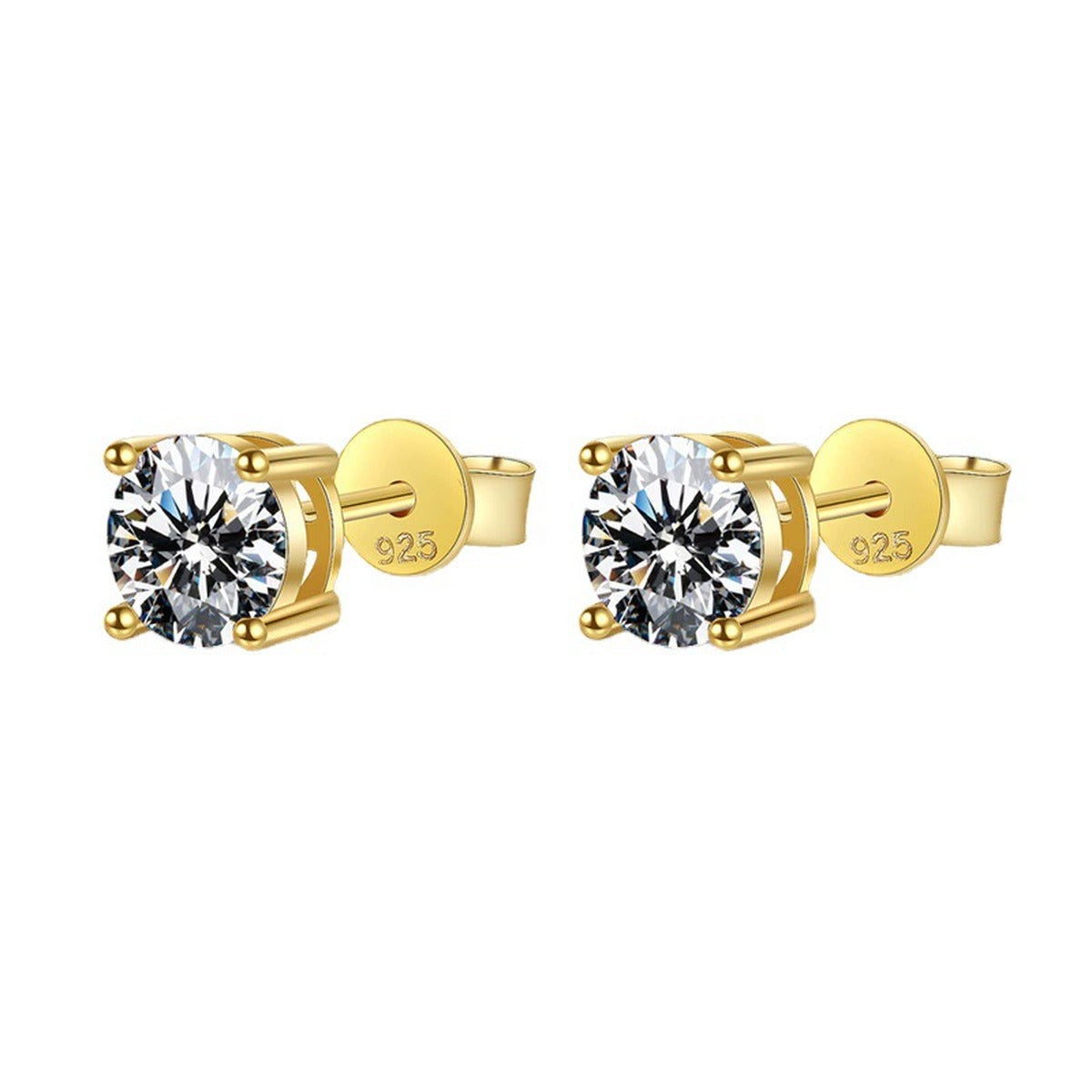 Round Moissanite Stud Earrings in Yellow Gold-Plated S925 Sterling Silver on clean white background showing simple yellow gold solitaire studs with graduated moissanite sizes