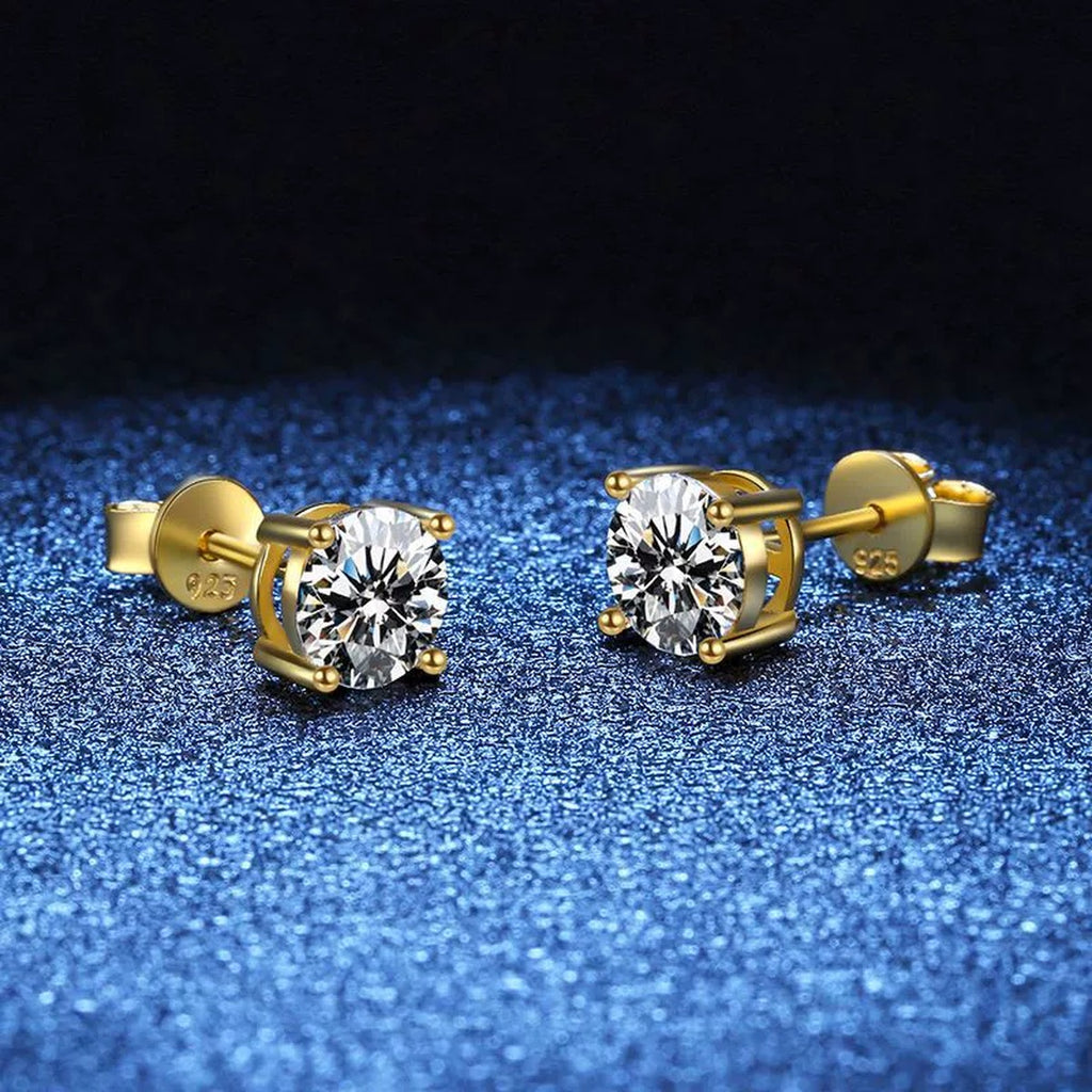 Round Moissanite Stud Earrings in Yellow Gold-Plated S925 Sterling Silver blue scene angled view