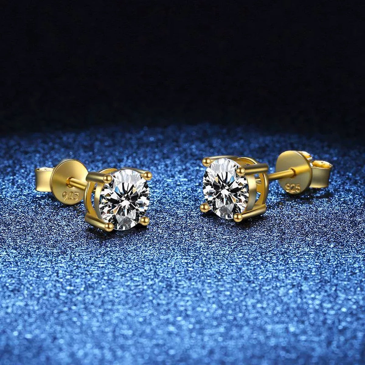 Round Moissanite Stud Earrings in Yellow Gold-Plated S925 Sterling Silver blue scene angled view