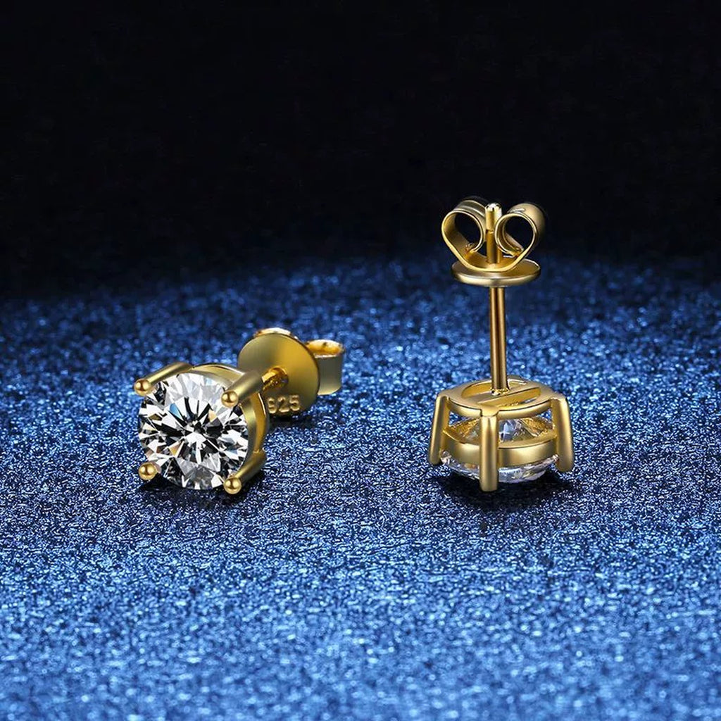Round Moissanite Stud Earrings in Yellow Gold-Plated S925 Sterling Silver blue scene close-up view
