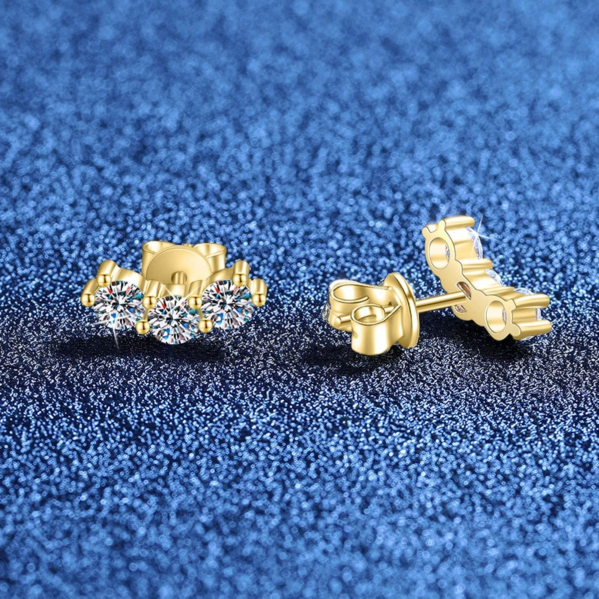 Leaf Cluster Moissanite Stud Earrings in Gold-Plated S925 Sterling Silver blue scene angled view