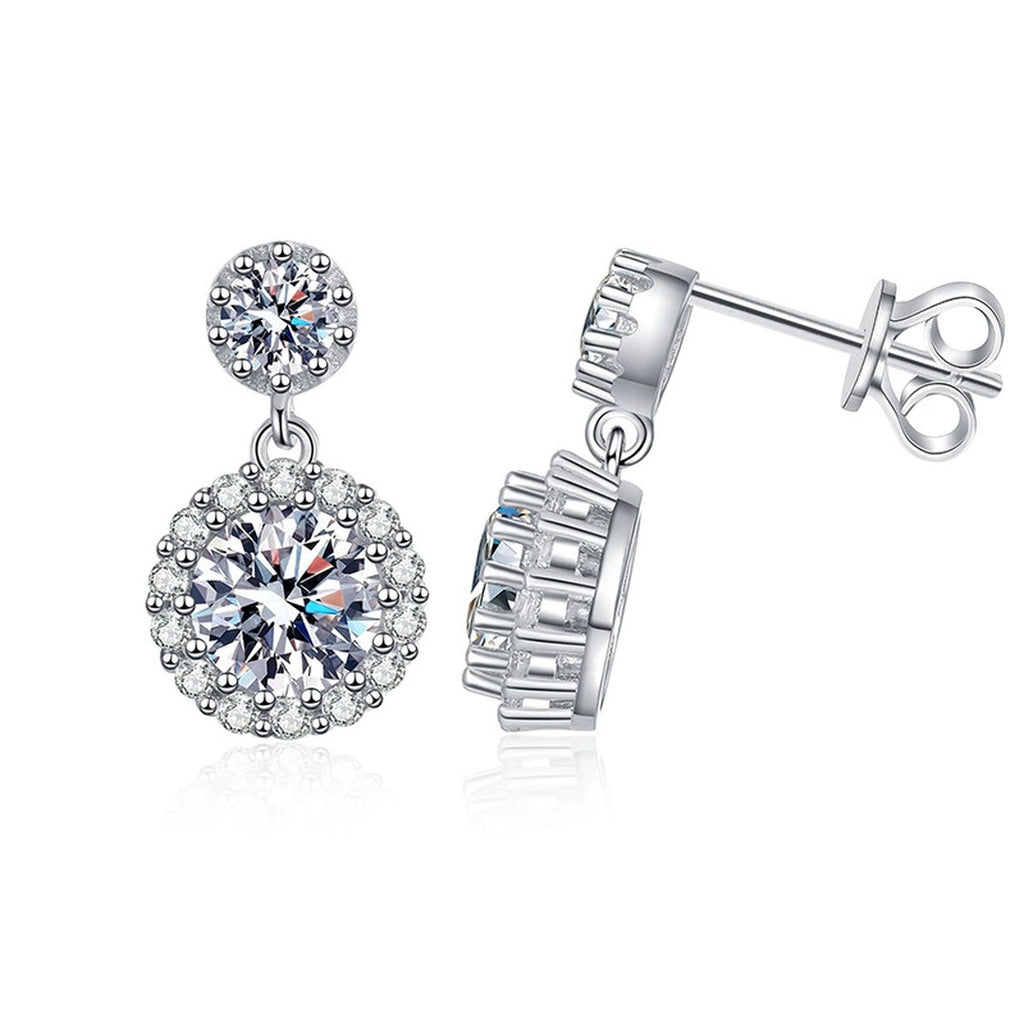 Round Halo Moissanite Drop Earrings with CZ in White Gold-Plated S925 on clean white background showing round halo drop earrings with a smaller top stone accent