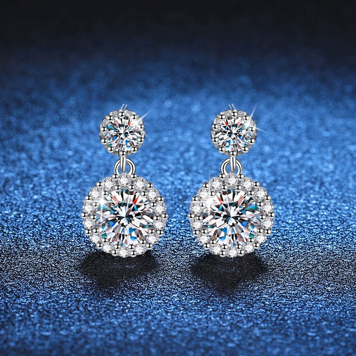 Round Halo Moissanite Drop Earrings with CZ in White Gold-Plated S925 blue scene product view