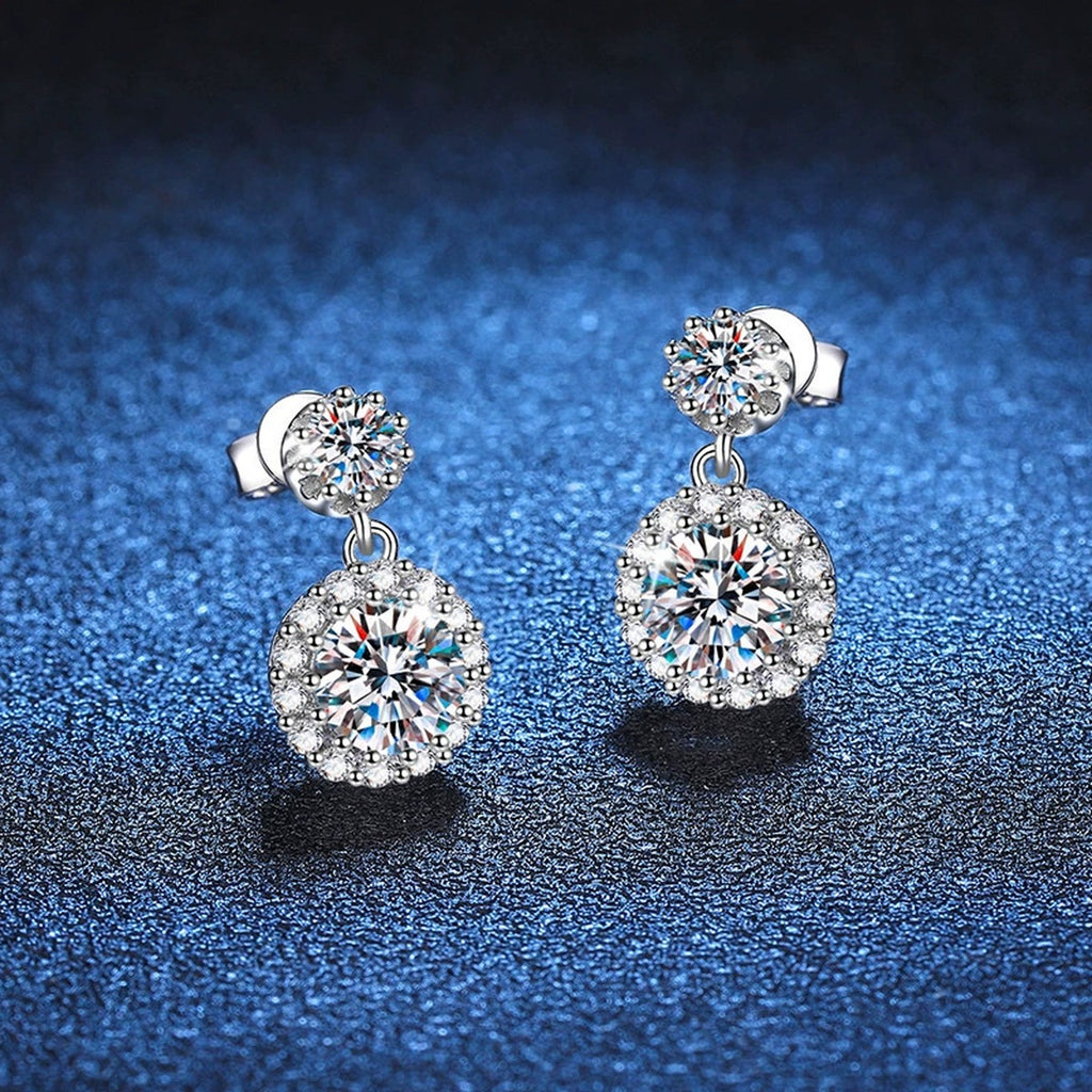 Round Halo Moissanite Drop Earrings with CZ in White Gold-Plated S925 blue scene angled view