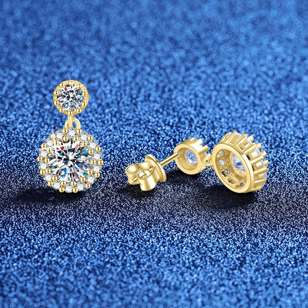 Round Halo Moissanite Drop Earrings with CZ in White Gold-Plated S925 blue scene close-up view