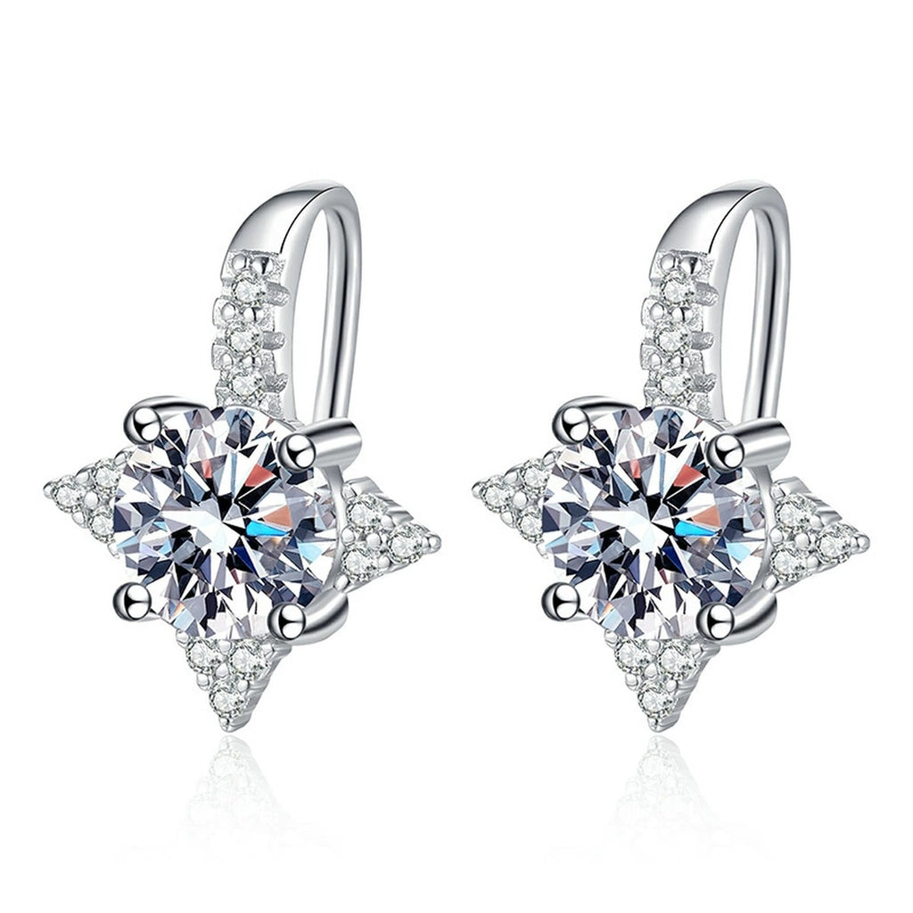 Starburst Moissanite Hoop Drop Earrings with CZ in White Gold-Plated S925 on clean white background showing starburst moissanite drops suspended from slim hoops
