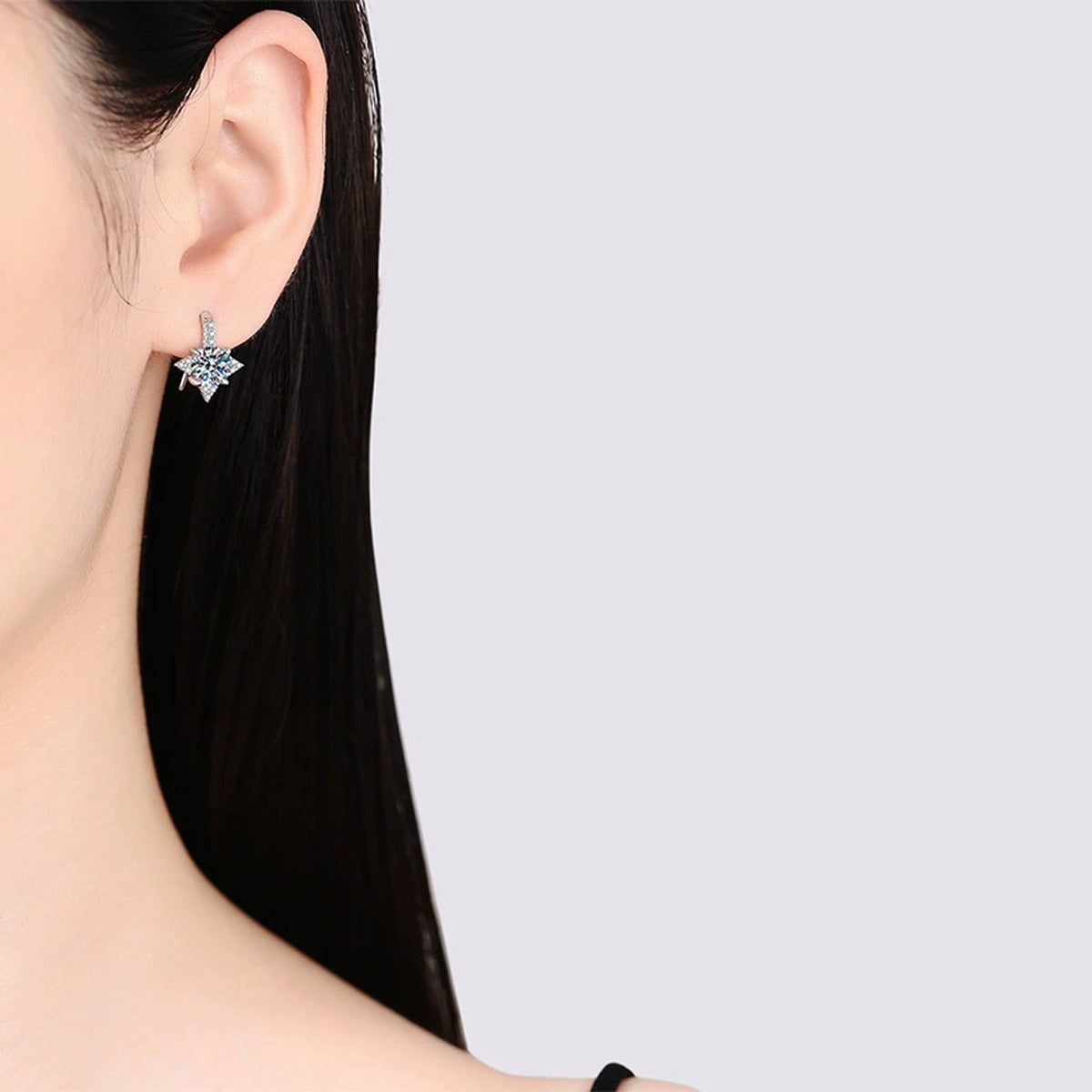 Starburst Moissanite Hoop Drop Earrings with CZ in White Gold-Plated S925 worn on ear by model