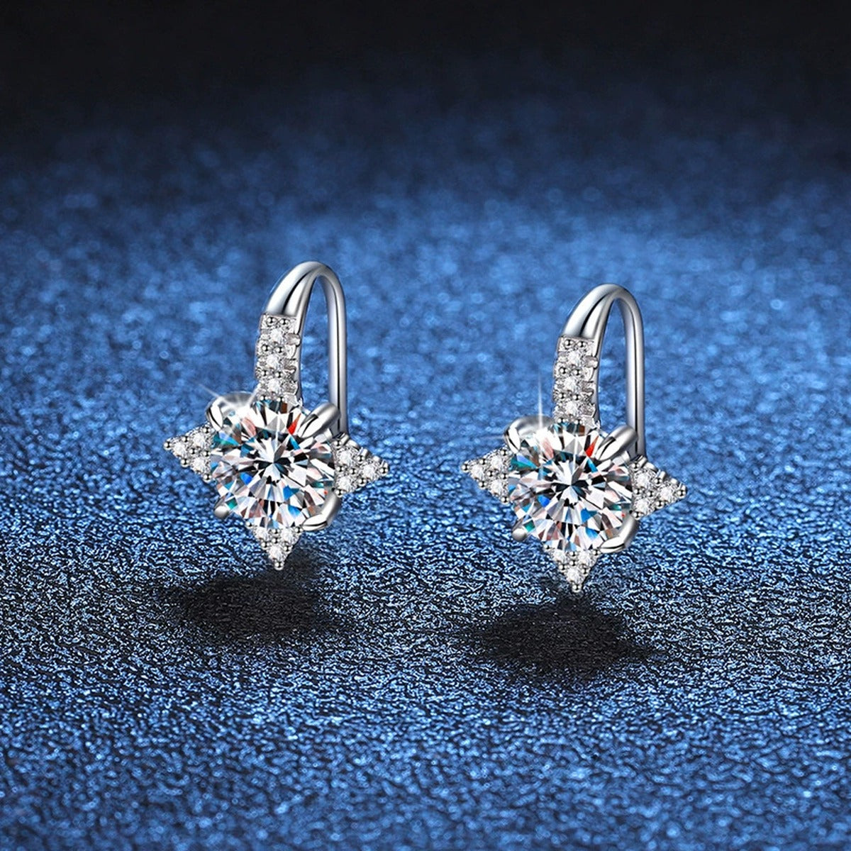 Starburst Moissanite Hoop Drop Earrings with CZ in White Gold-Plated S925 blue scene product view