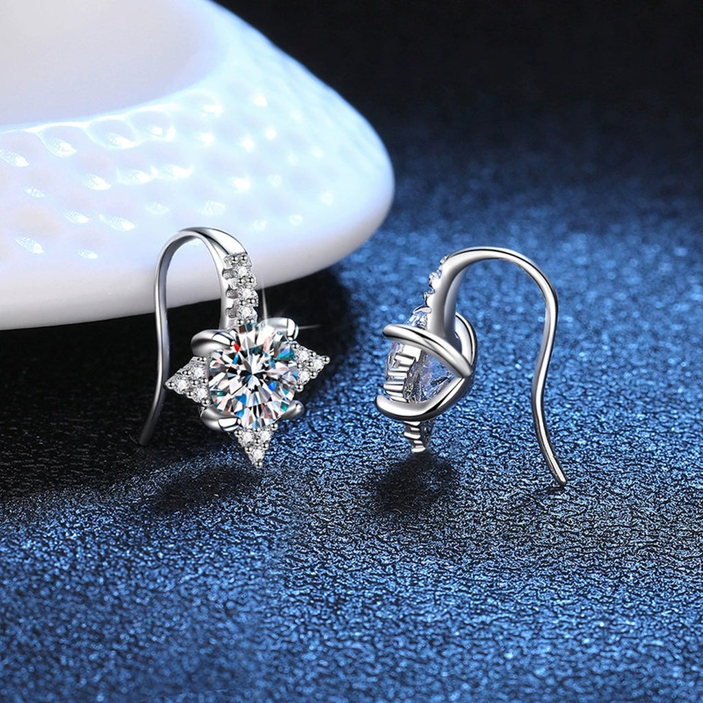 Starburst Moissanite Hoop Drop Earrings with CZ in White Gold-Plated S925 blue scene angled view