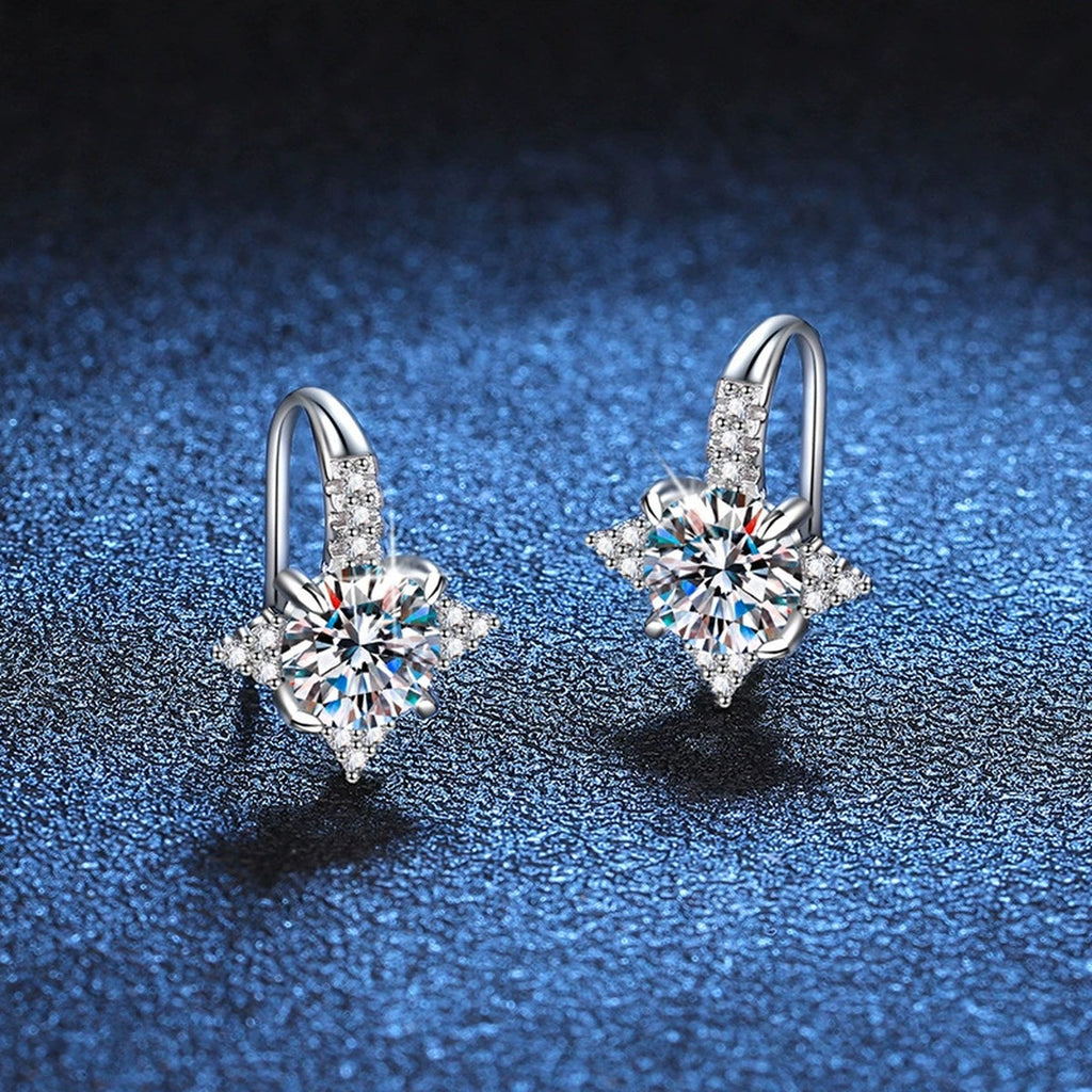 Starburst Moissanite Hoop Drop Earrings with CZ in White Gold-Plated S925 blue scene close-up view