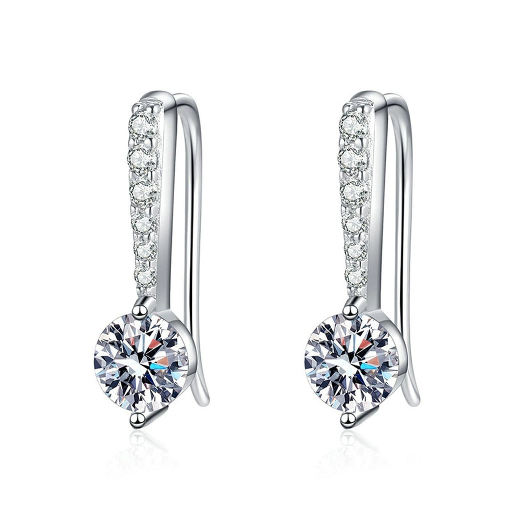 Round Moissanite Drop Earrings with CZ in White Gold-Plated S925 Silver on clean white background showing slim elongated drops with a round moissanite center