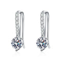 Round Moissanite Drop Earrings with CZ in White Gold-Plated S925 Silver on clean white background showing slim elongated drops with a round moissanite center