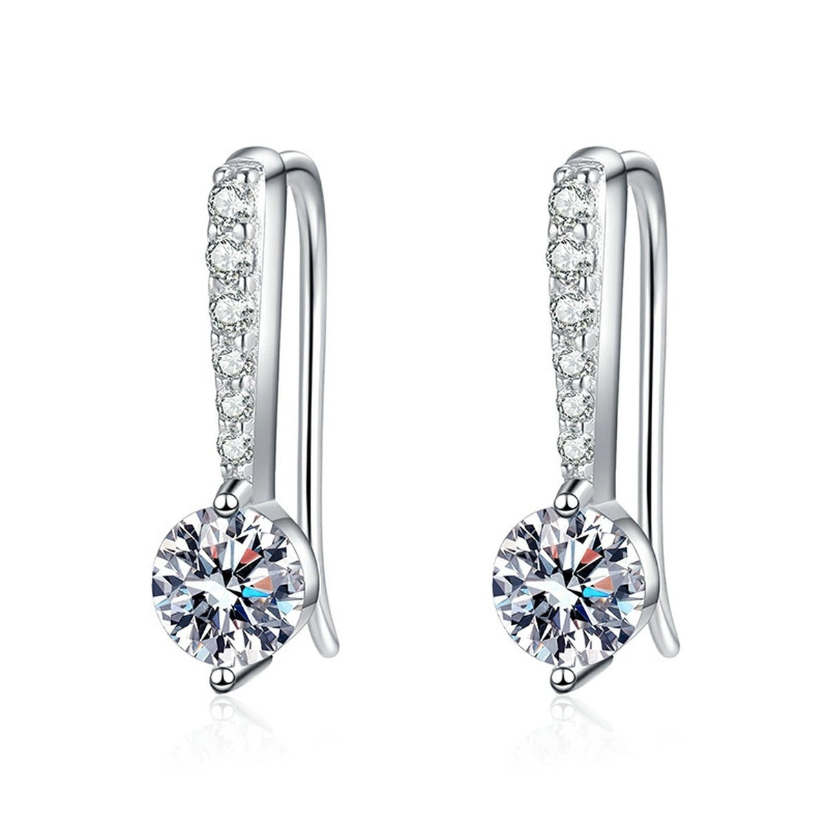 Round Moissanite Drop Earrings with CZ in White Gold-Plated S925 Silver on clean white background showing slim elongated drops with a round moissanite center