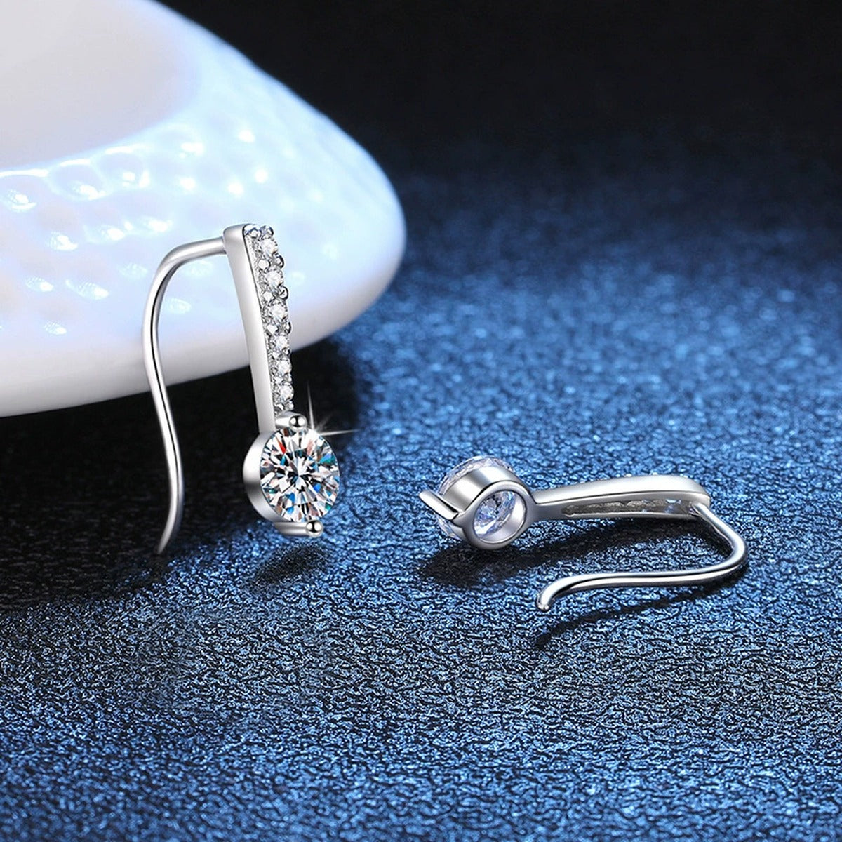 Round Moissanite Drop Earrings with CZ in White Gold-Plated S925 Silver blue scene product view