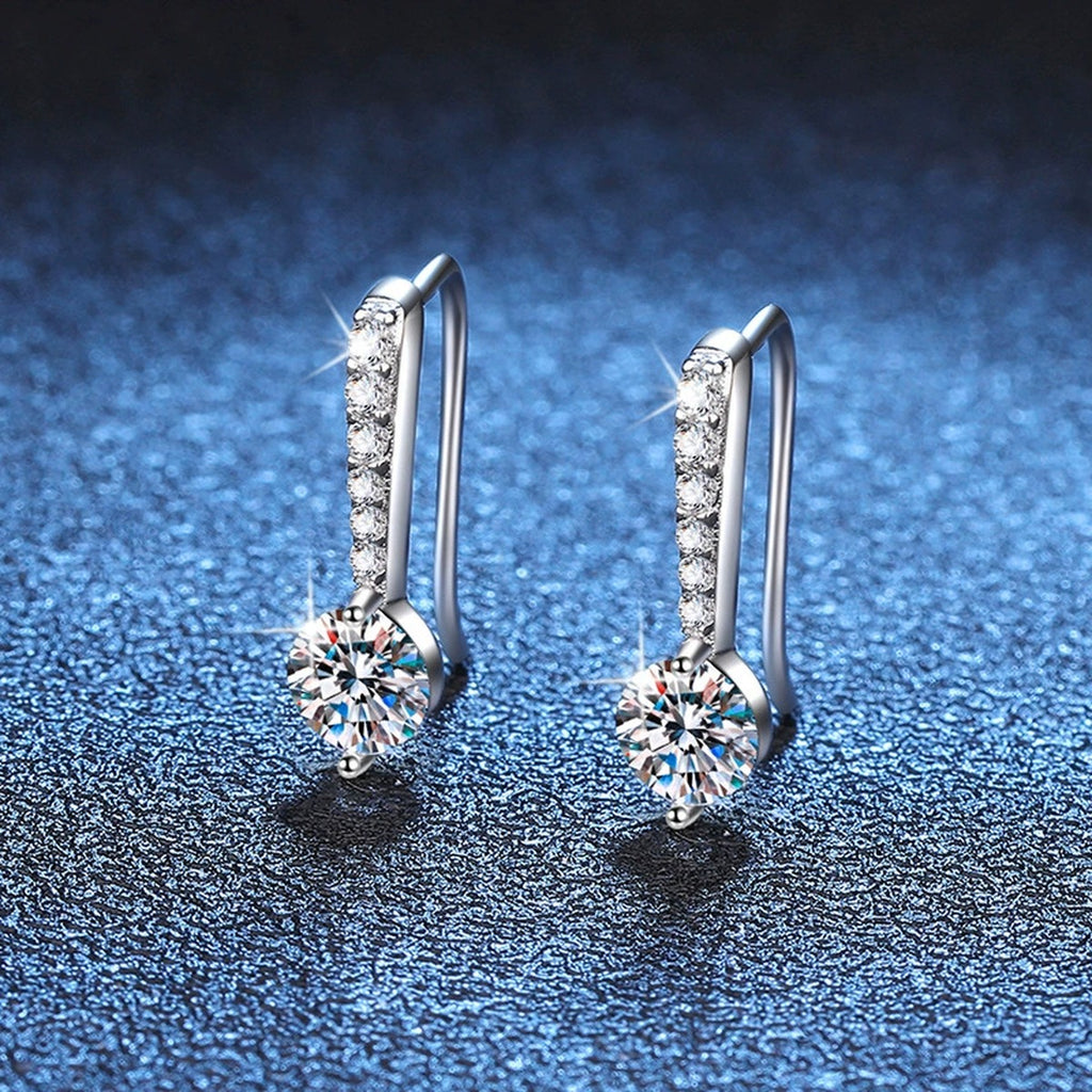 Round Moissanite Drop Earrings with CZ in White Gold-Plated S925 Silver blue scene angled view