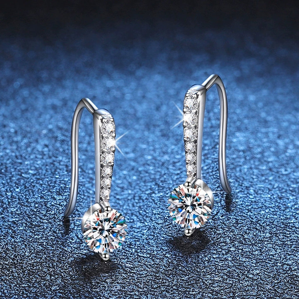 Round Moissanite Drop Earrings with CZ in White Gold-Plated S925 Silver blue scene close-up view