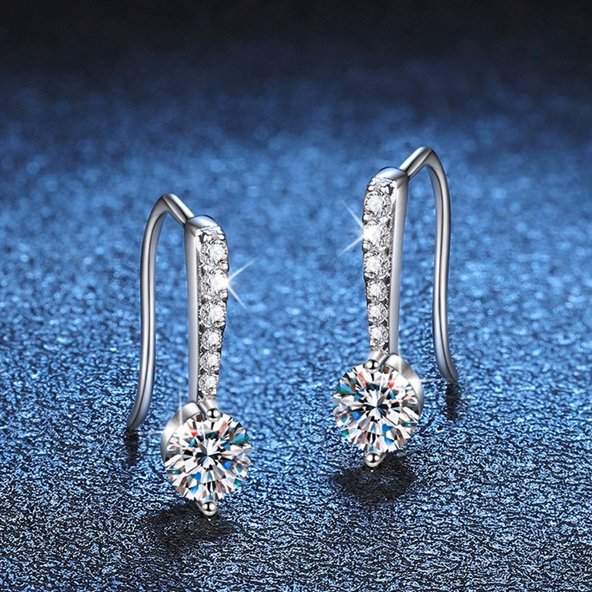 Round Moissanite Drop Earrings with CZ in White Gold-Plated S925 Silver blue scene close-up view