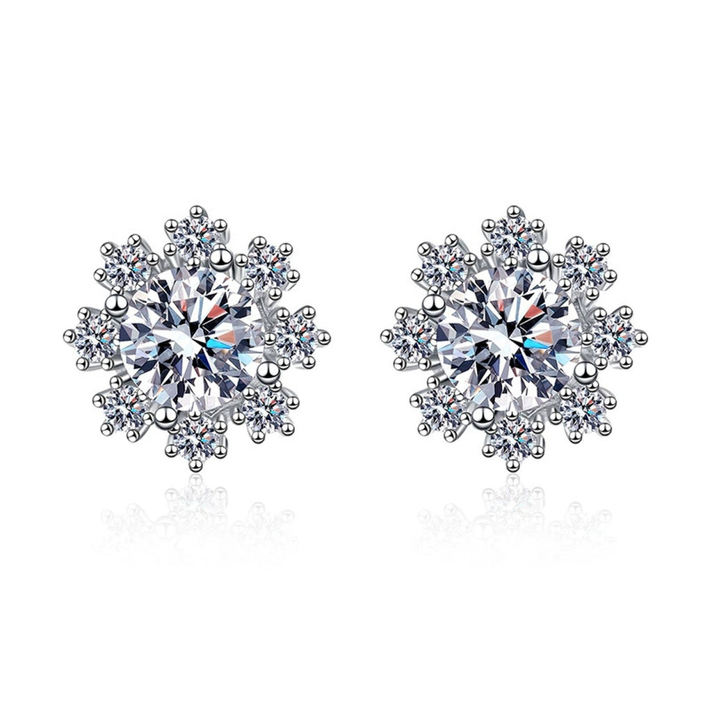 Snowflake Moissanite Stud Earrings with CZ in White Gold-Plated S925 on clean white background showing full snowflake cluster studs with bright layered sparkle