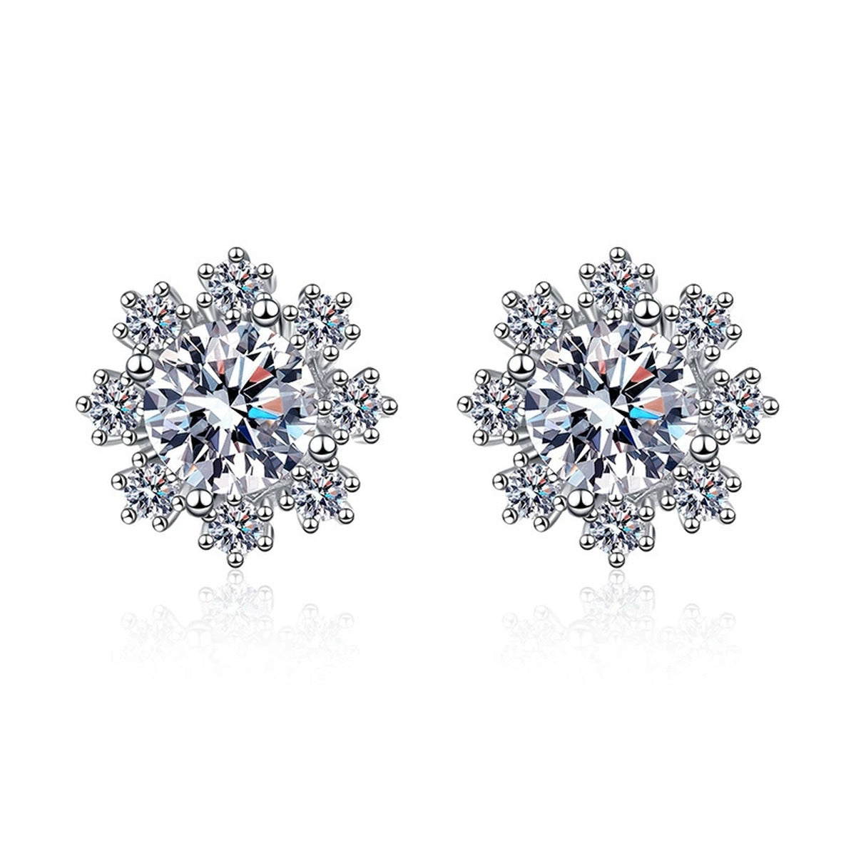 Snowflake Moissanite Stud Earrings with CZ in White Gold-Plated S925 on clean white background showing full snowflake cluster studs with bright layered sparkle